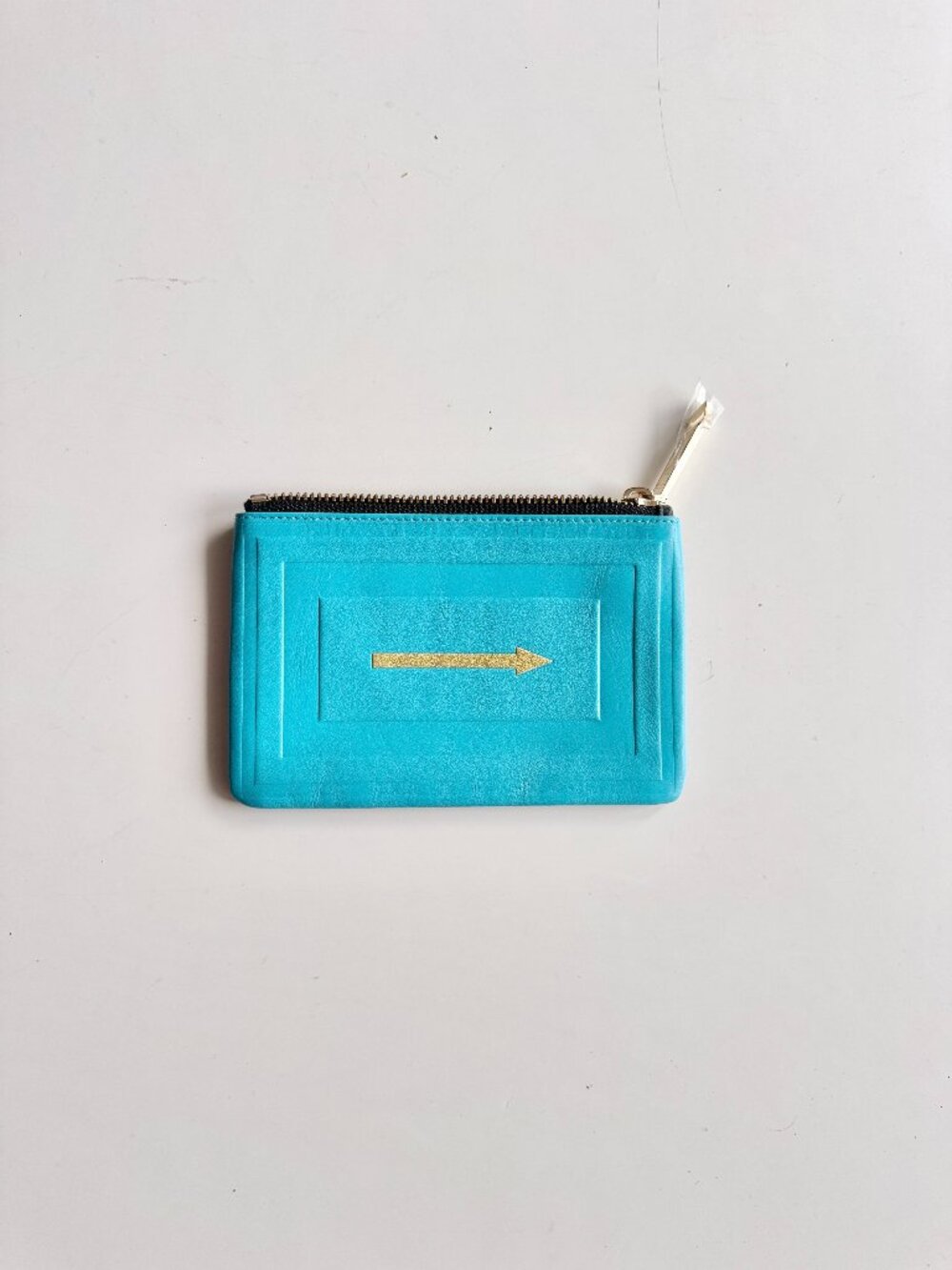 NWOT KAREN WALKER Azur Turquoise Black Leather Golden Arrow Pochette Zip Pouch